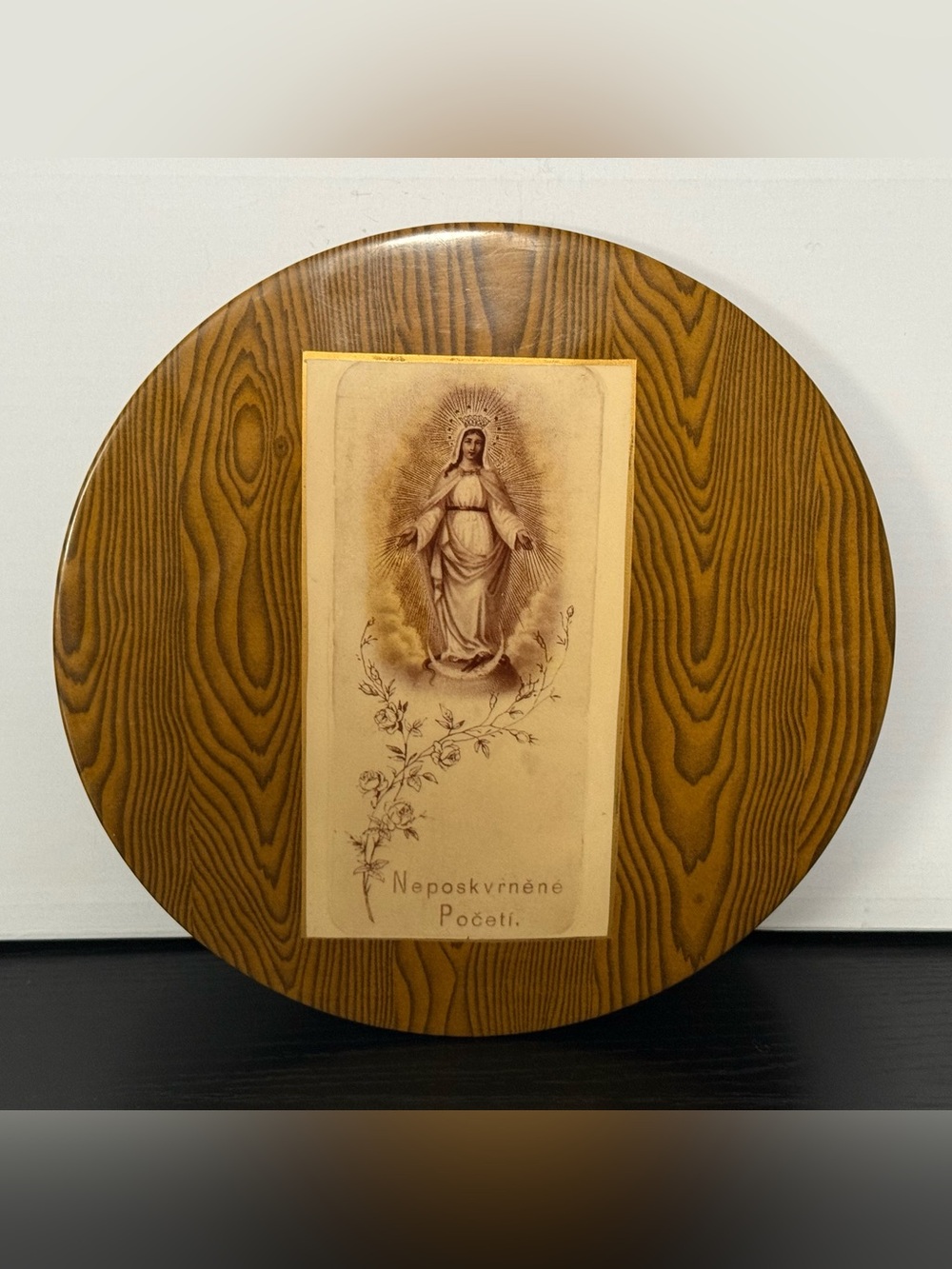 Vintage Czech Virgin Mary “Immaculate Conception” Circular Metal Plaque